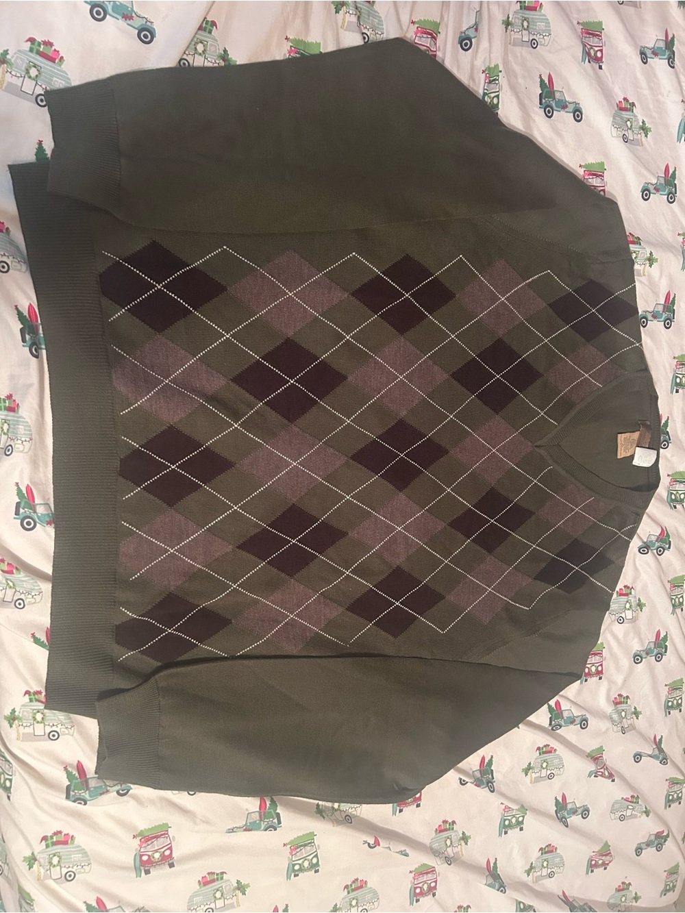 Argyle Knit Pullover Sweater in Olive and Plum